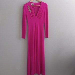 Vintage "Funky" Brand Hot Pink Long Sleeve Beaded Maxi Gown